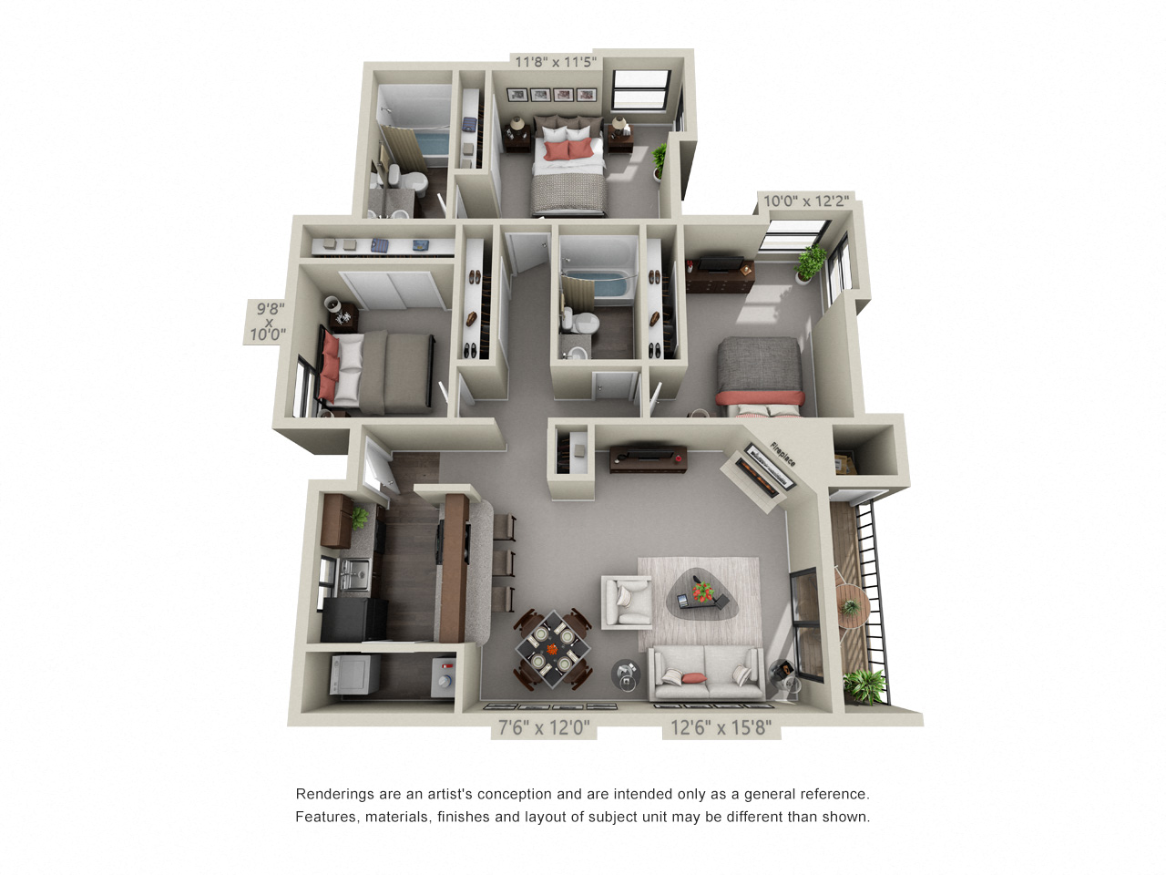 Floor plan for 3 beds, 2 baths, 1126 sqft